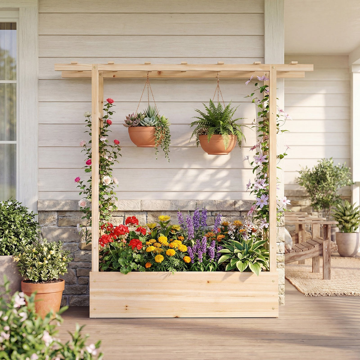 45 inch Tall Wooden Raised Garden Bed with Side Trellis and Hanging Roof-Natural view 3
