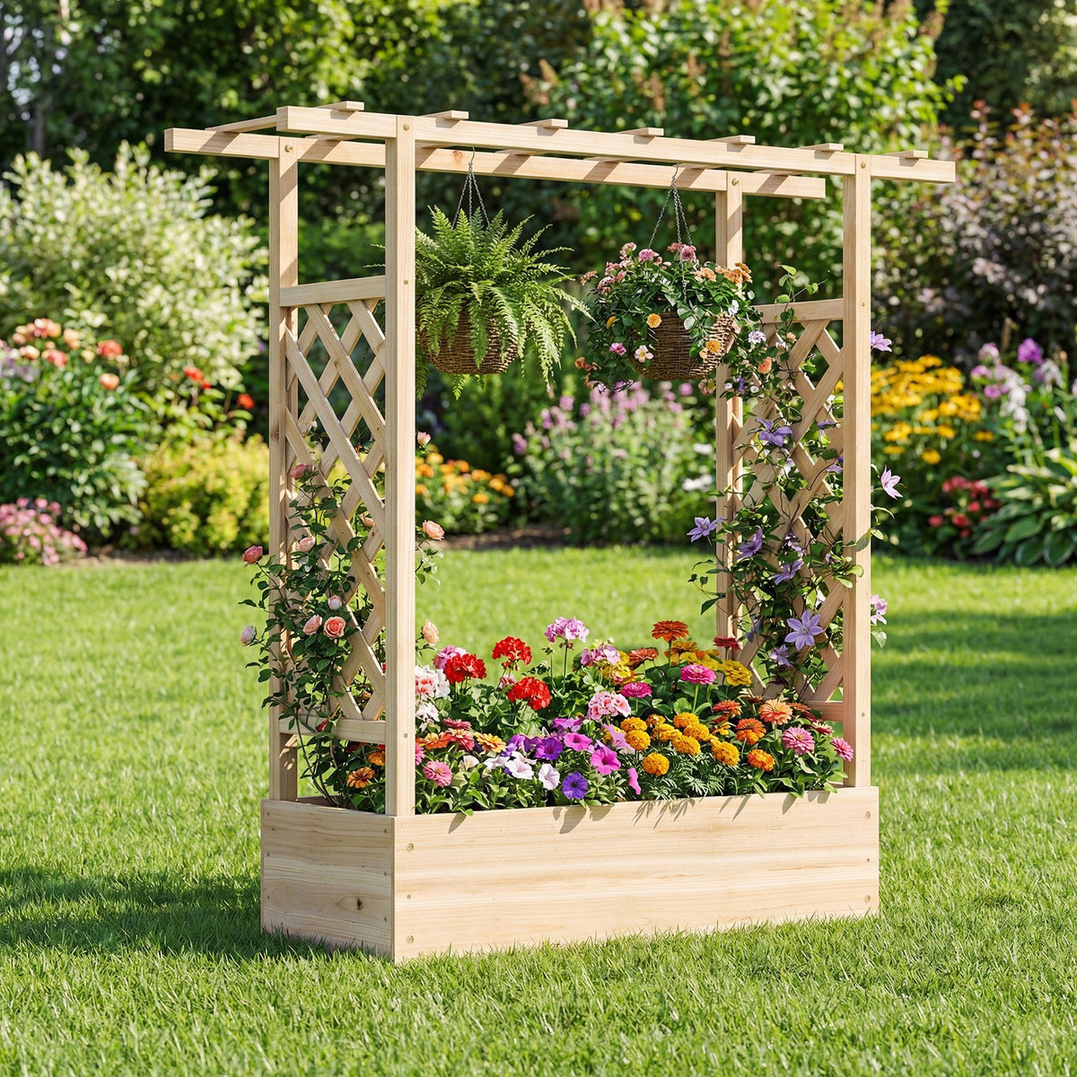 45 inch Tall Wooden Raised Garden Bed with Side Trellis and Hanging Roof-Natural view 5