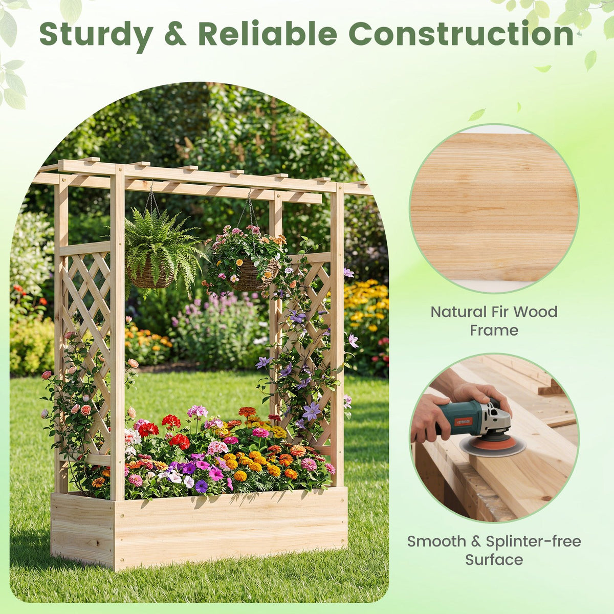 45 inch Tall Wooden Raised Garden Bed with Side Trellis and Hanging Roof-Natural view 6