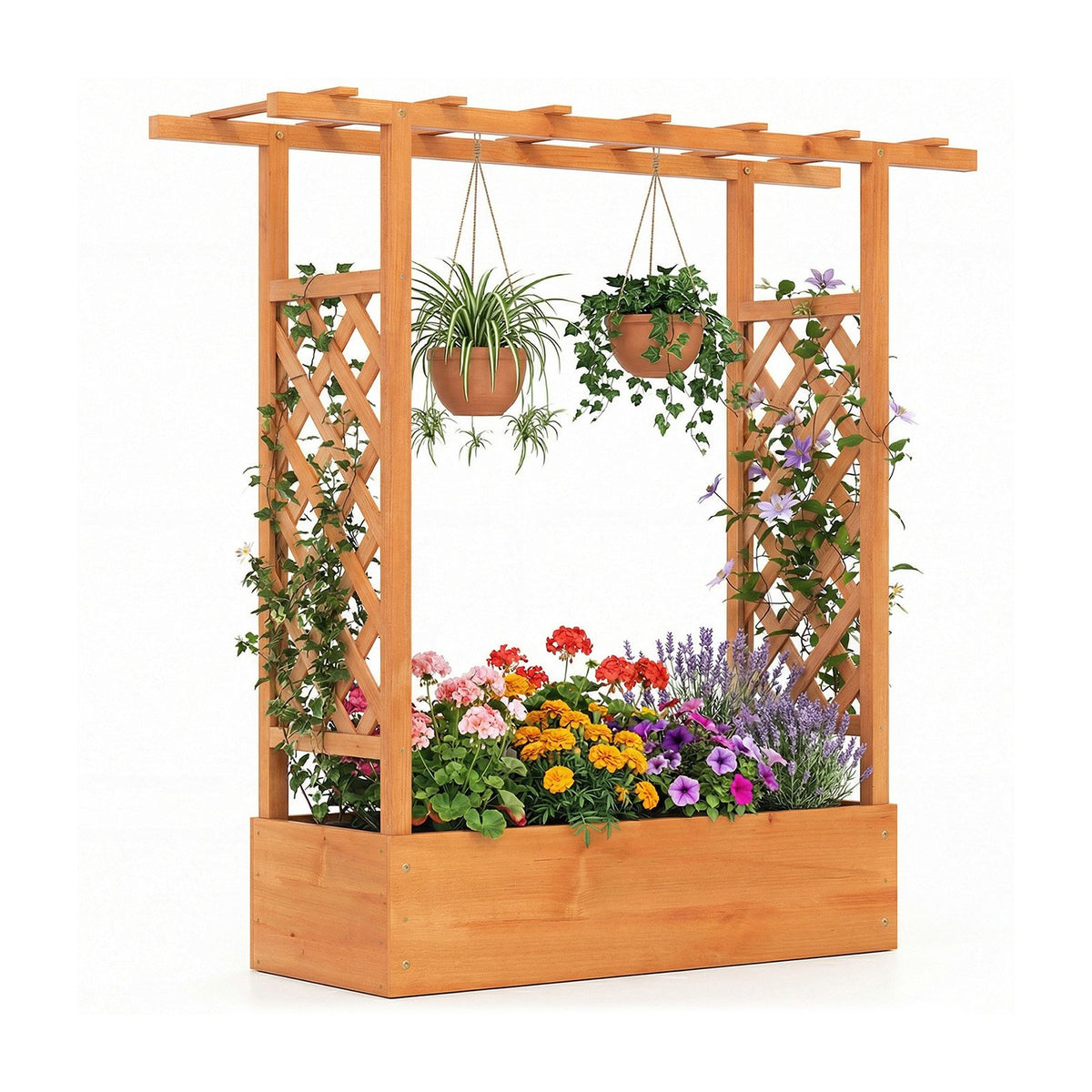 45 inch Tall Wooden Raised Garden Bed with Side Trellis and Hanging Roof-Orange