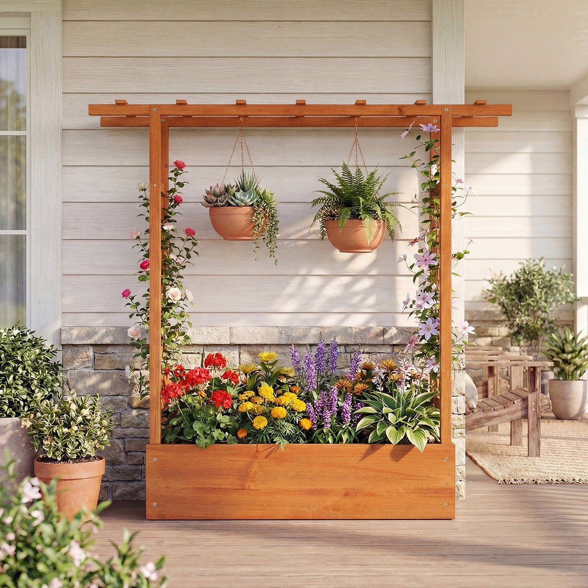 45 inch Tall Wooden Raised Garden Bed with Side Trellis and Hanging Roof-Orange view 3