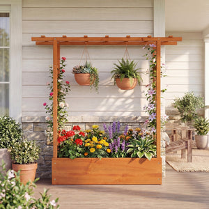 45 inch Tall Wooden Raised Garden Bed with Side Trellis and Hanging Roof-Orange view 3