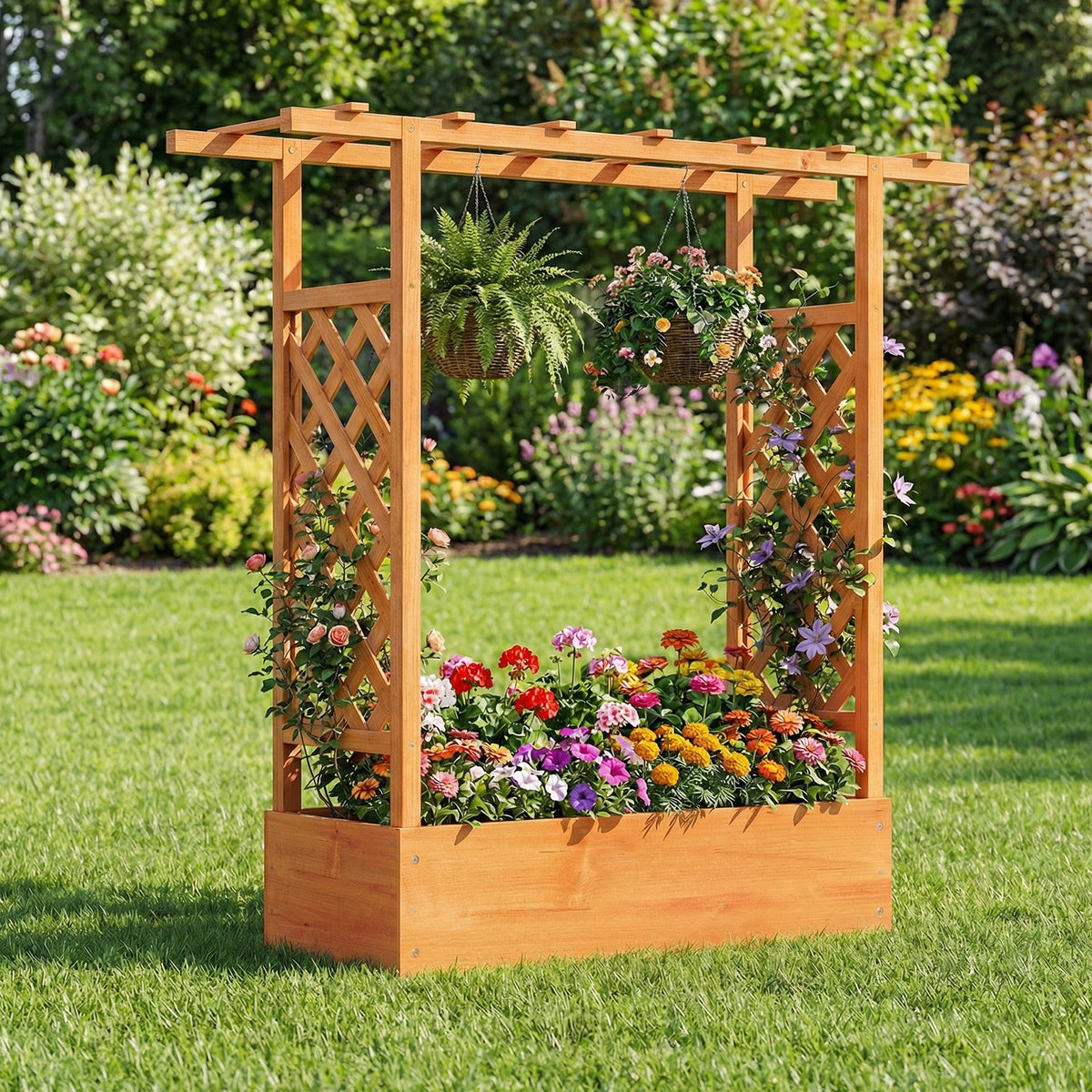 45 inch Tall Wooden Raised Garden Bed with Side Trellis and Hanging Roof-Orange view 5