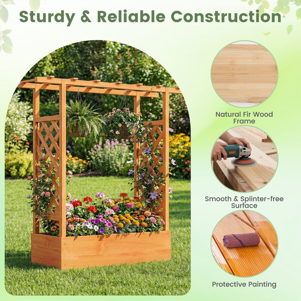 45 inch Tall Wooden Raised Garden Bed with Side Trellis and Hanging Roof-Orange view 6