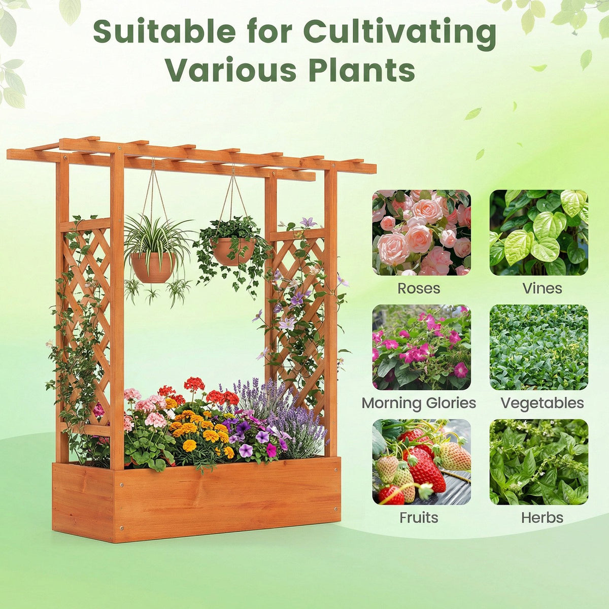 45 inch Tall Wooden Raised Garden Bed with Side Trellis and Hanging Roof-Orange view 8