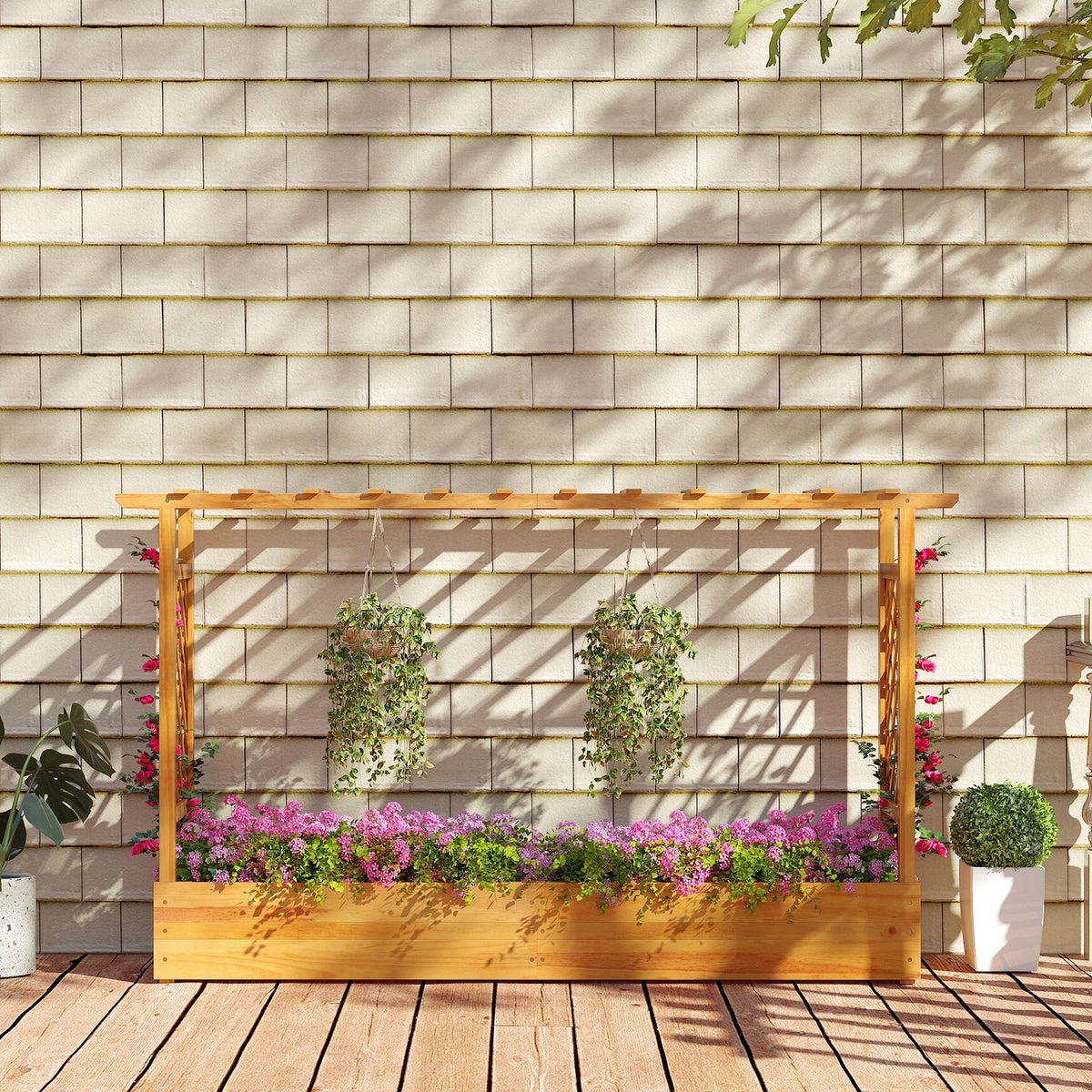 45 Inch Wooden Raised Garden Bed with Lattice Trellis for Outdoor-Natural view 3