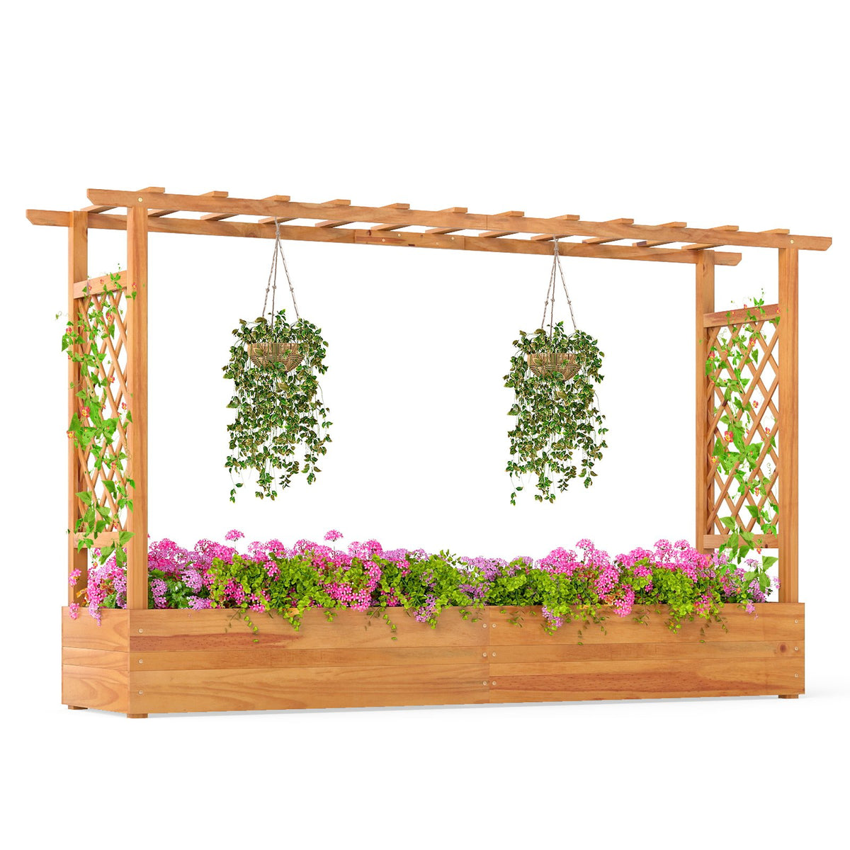 45 Inch Wooden Raised Garden Bed with Lattice Trellis for Outdoor-Natural view 4