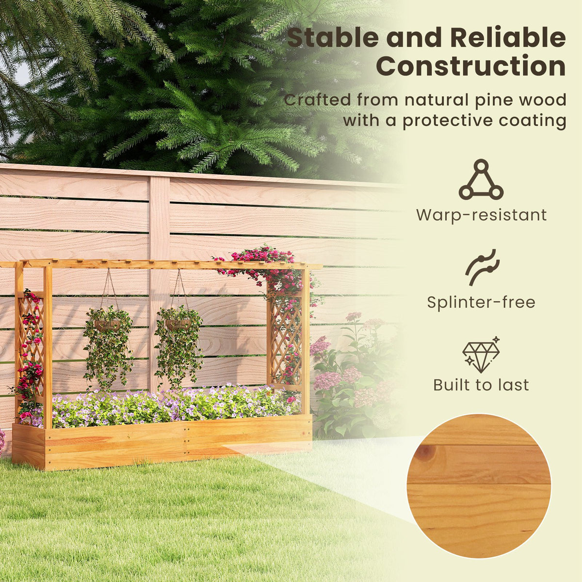 45 Inch Wooden Raised Garden Bed with Lattice Trellis for Outdoor-Natural view 7