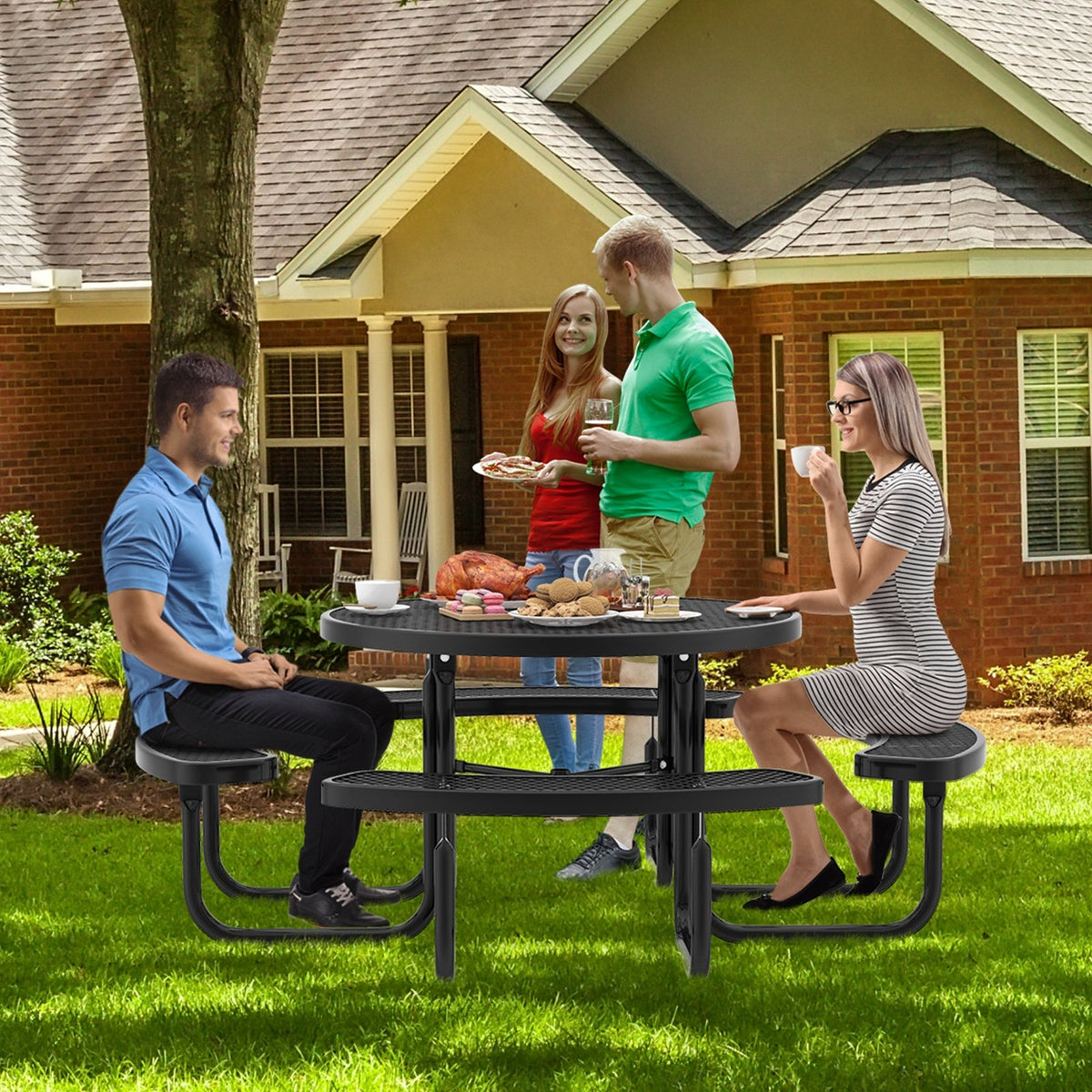 45 Inches Outdoor Round Picnic Table and Bench Set for 8 with Umbrella Hole-Black view 2