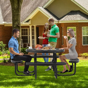 45 Inches Outdoor Round Picnic Table and Bench Set for 8 with Umbrella Hole-Black view 2