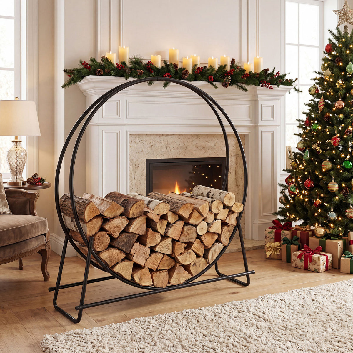 45 inches Round Firewood Rack with Heavy-Duty Metal Frame view 2
