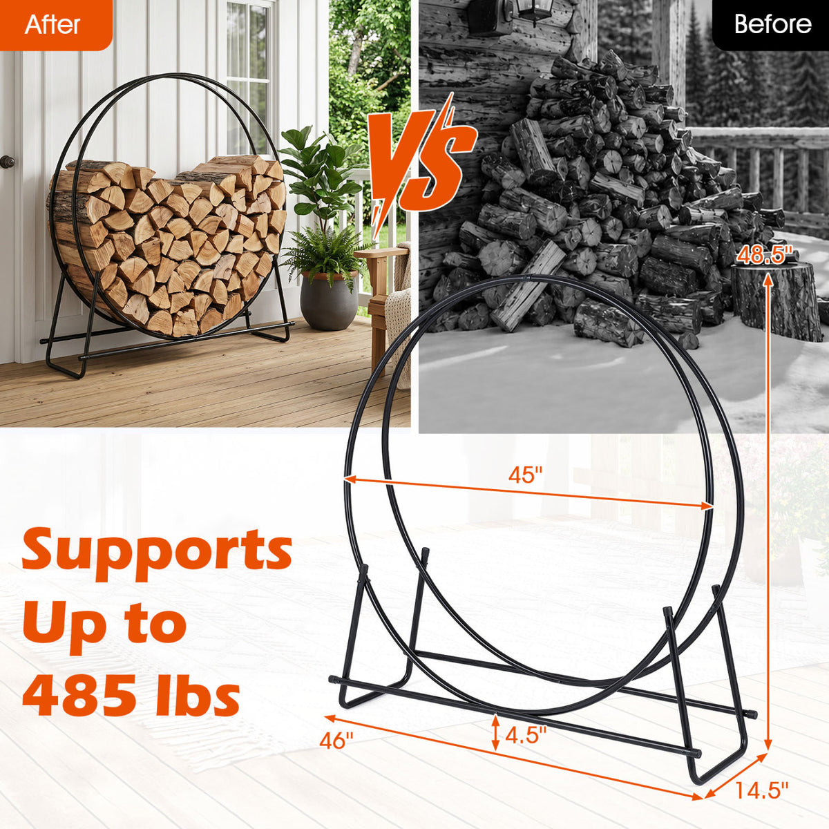 45 inches Round Firewood Rack with Heavy-Duty Metal Frame view 5