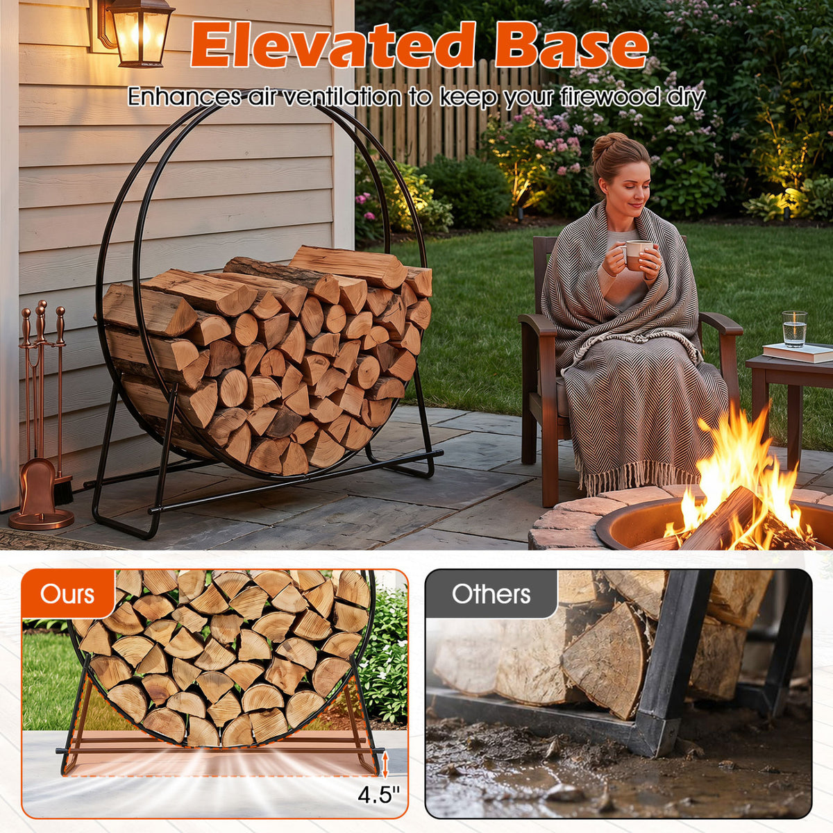45 inches Round Firewood Rack with Heavy-Duty Metal Frame view 8