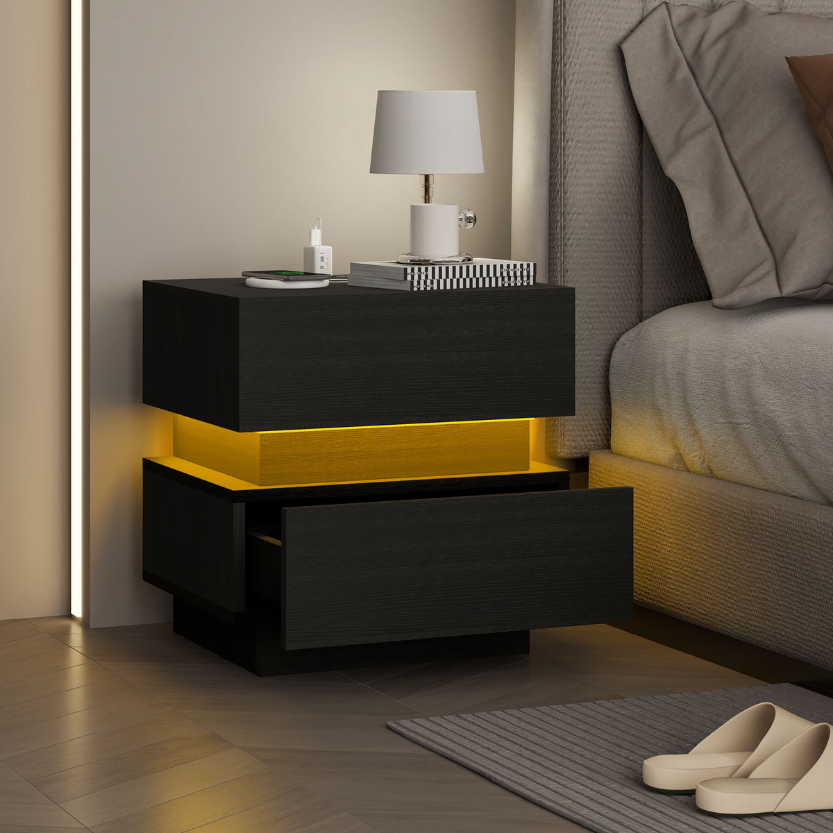 Bedside Table with Charging Station and LED Light Modern Nightstand with USB Ports AC Outlets Drawers – view 7