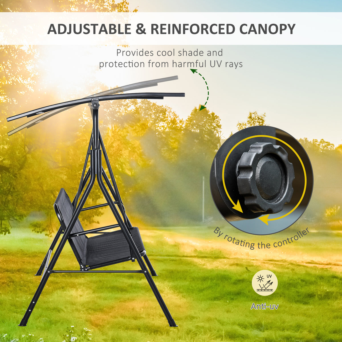 2-Person Porch Swing Chair, 2 Seater Patio Swing Bench w/ Adjustable Canopy, Breathable Seat for Garden – view 5