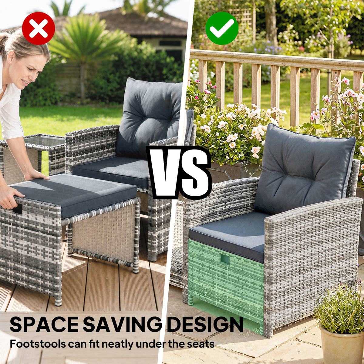 5 Piece Patio Furniture Set, Wicker Patio Chairs with Ottomans, 2-Tier Glass Coffee Table and Cushions – view 3