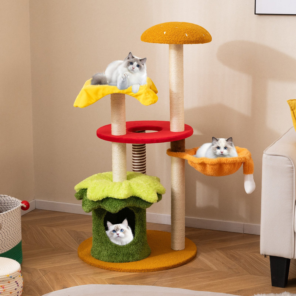 46 Inch Tall Cat Tree Multi-Level with Padded Perch and Hanging Basket Bed-Yellow view 2