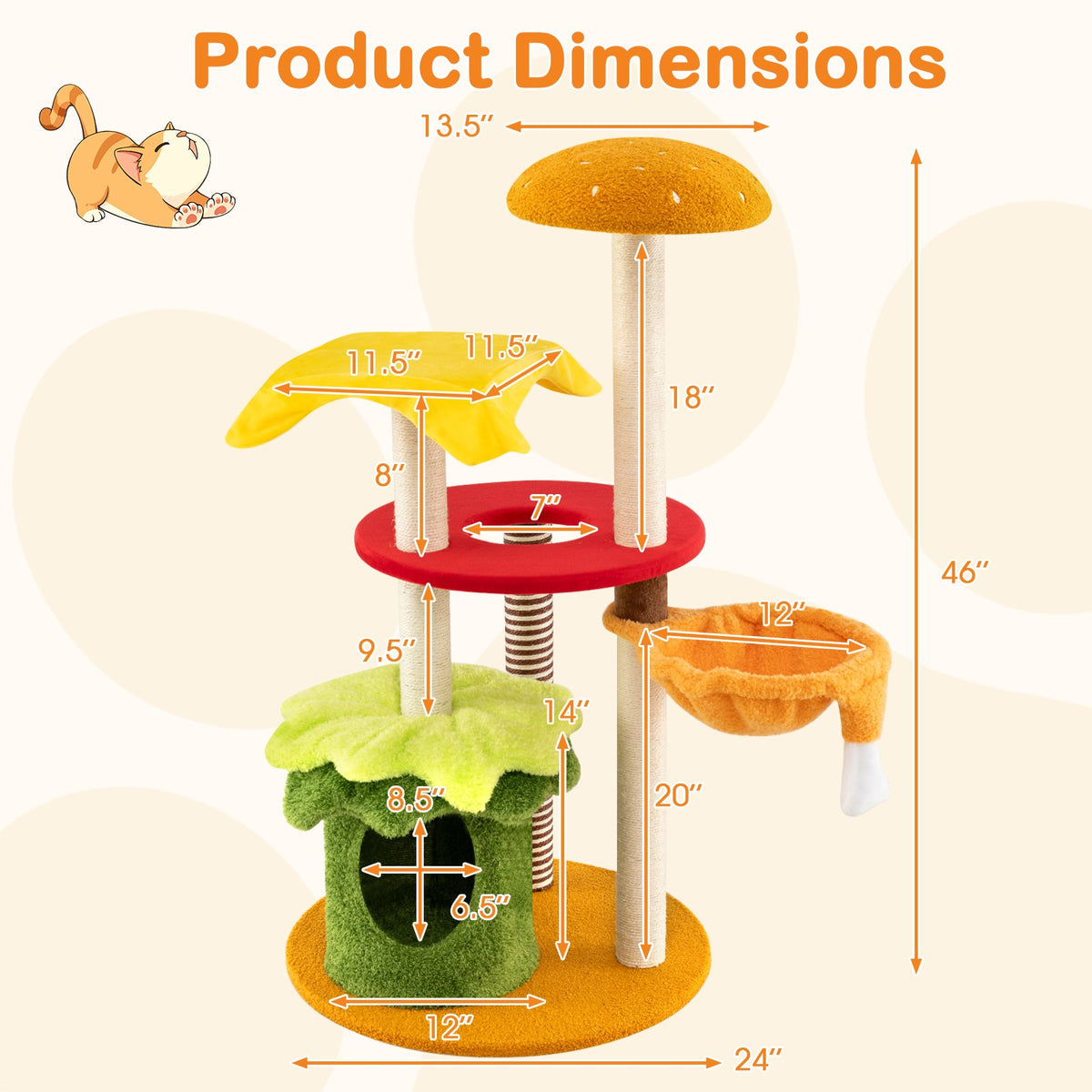 46 Inch Tall Cat Tree Multi-Level with Padded Perch and Hanging Basket Bed-Yellow view 5