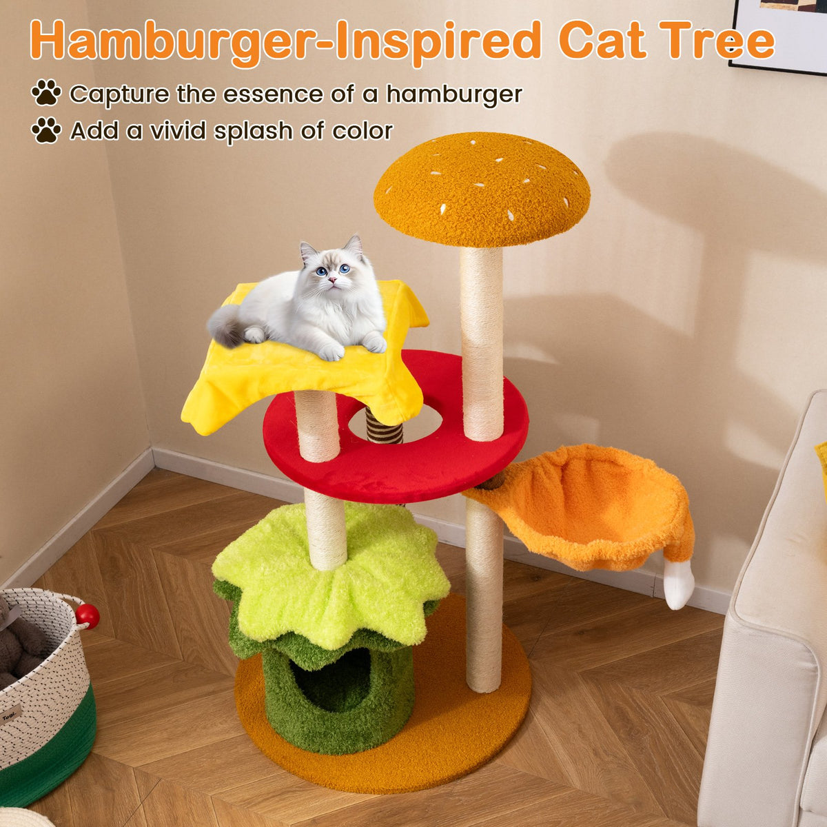 46 Inch Tall Cat Tree Multi-Level with Padded Perch and Hanging Basket Bed-Yellow view 6