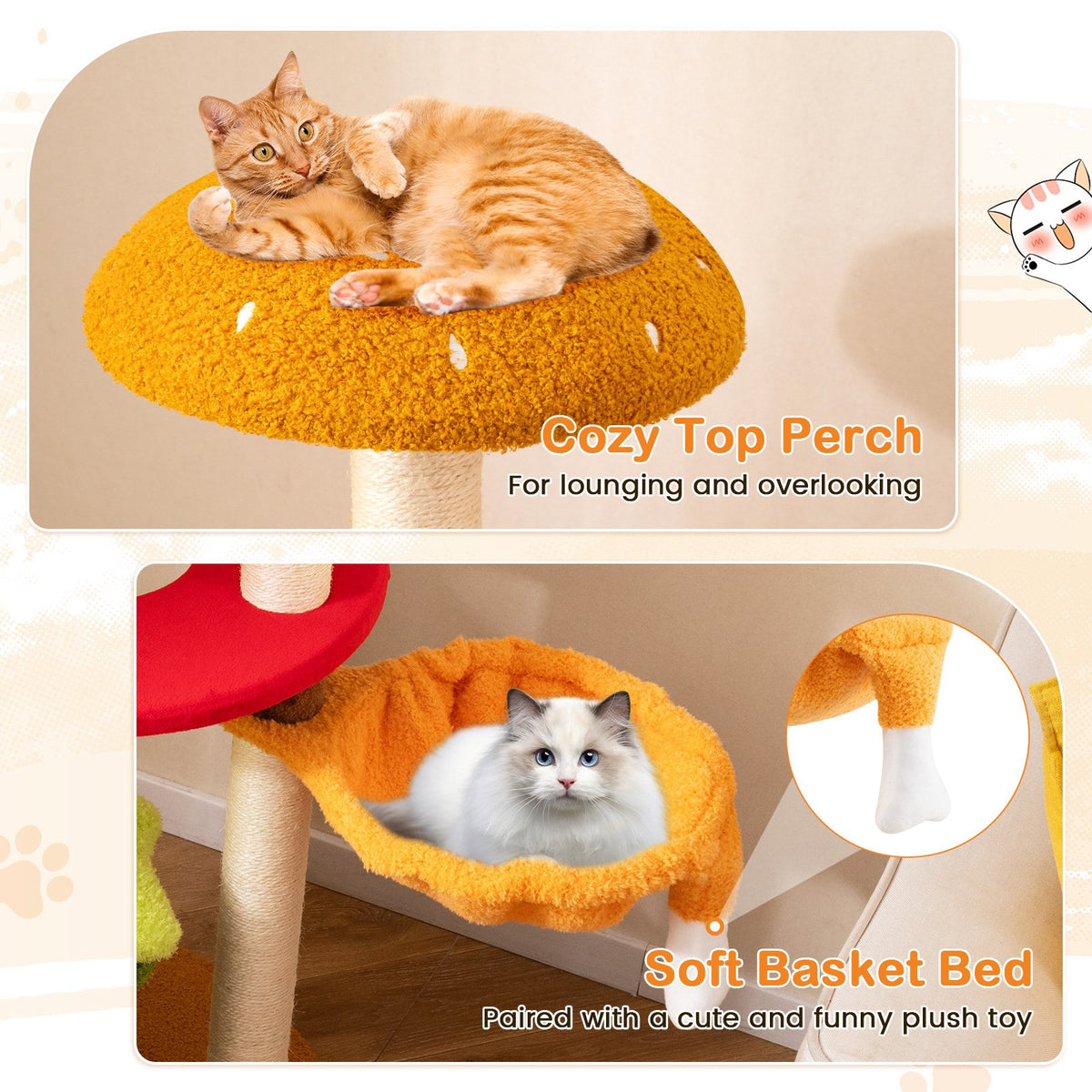 46 Inch Tall Cat Tree Multi-Level with Padded Perch and Hanging Basket Bed-Yellow view 7