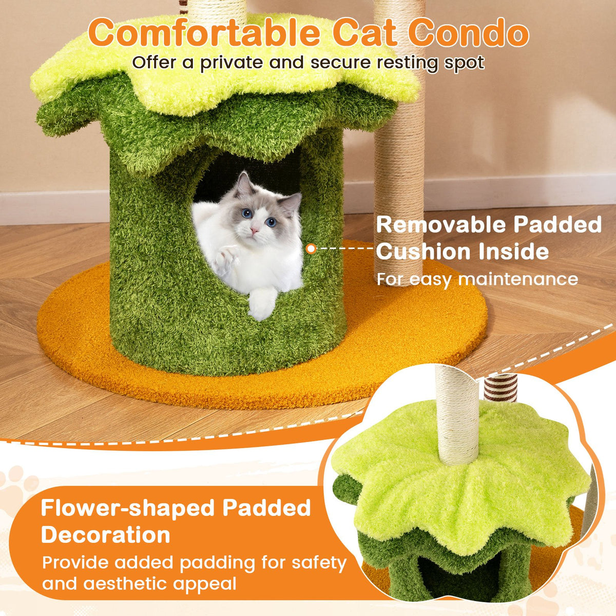 46 Inch Tall Cat Tree Multi-Level with Padded Perch and Hanging Basket Bed-Yellow view 8