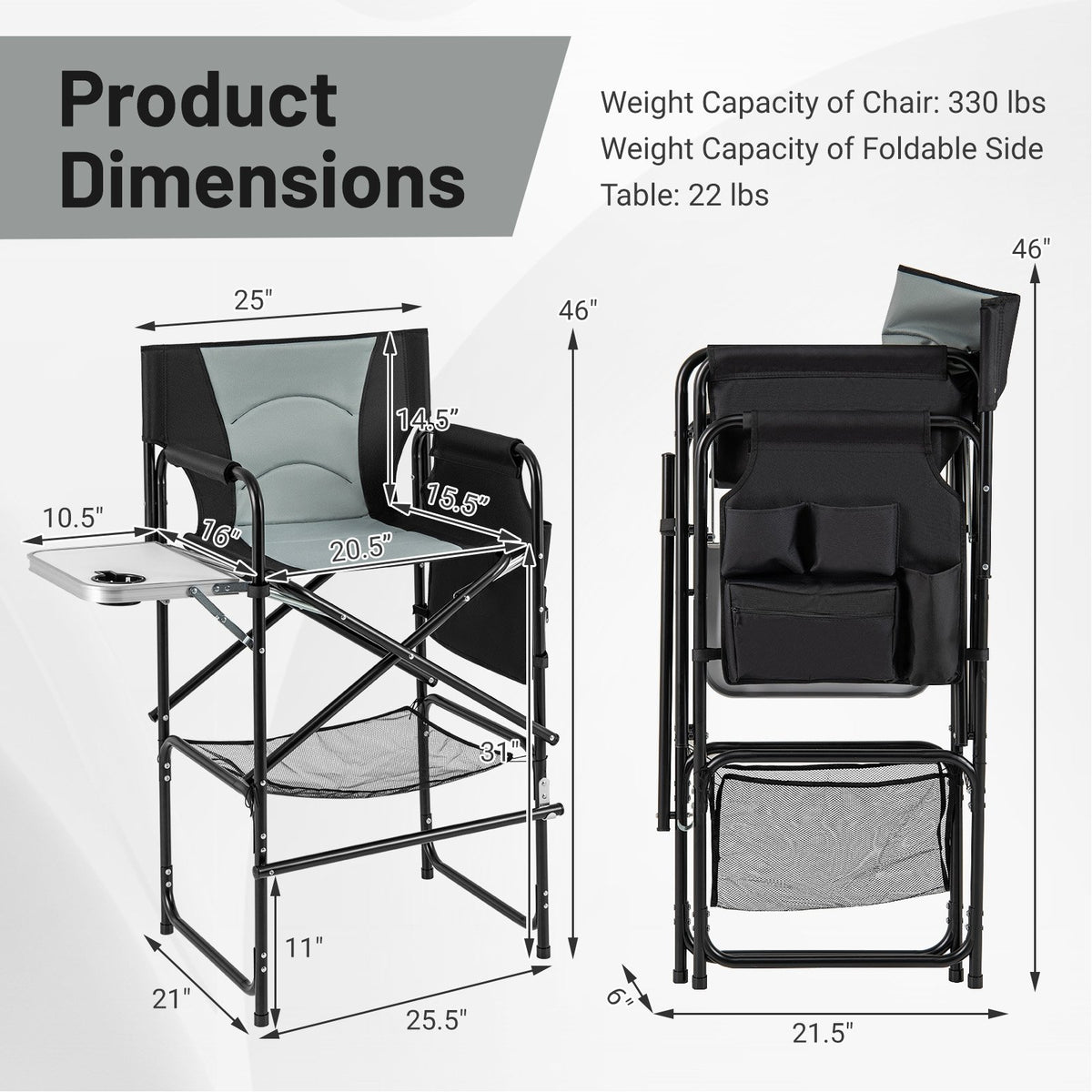 46 Inches Tall Directors Chair with Foldable Side Table and Footrest-Gray view 4