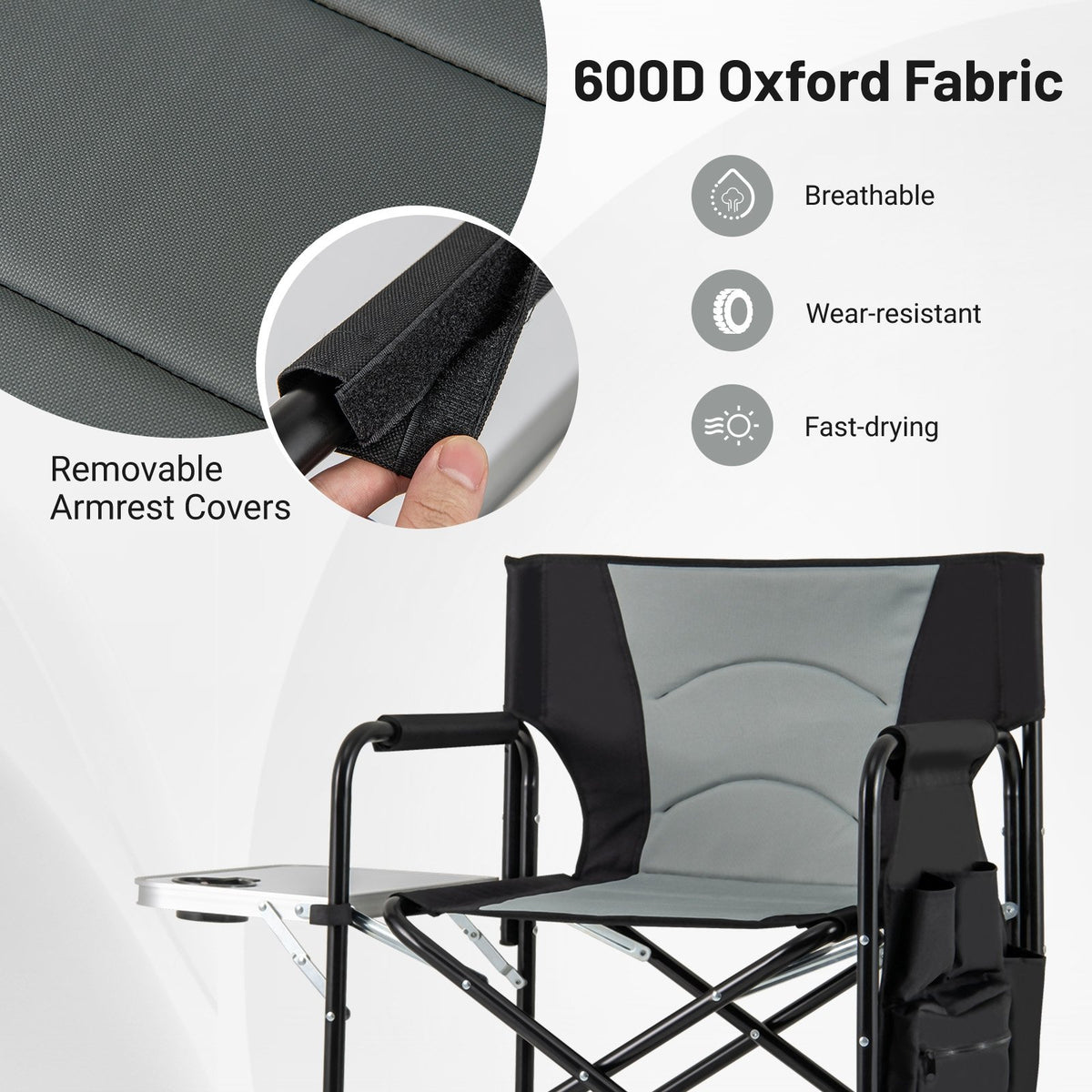 46 Inches Tall Directors Chair with Foldable Side Table and Footrest-Gray view 5