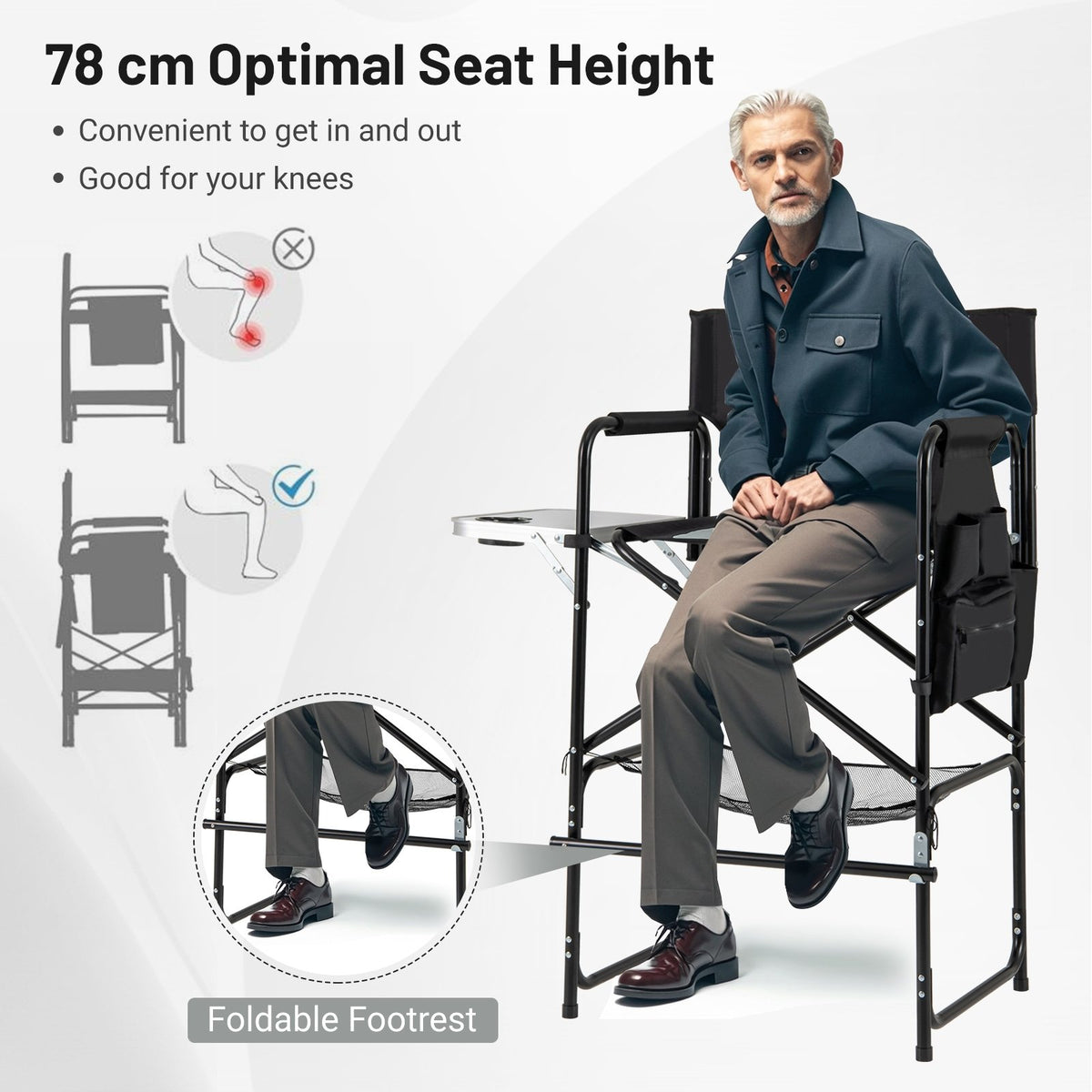 46 Inches Tall Directors Chair with Foldable Side Table and Footrest-Gray view 7