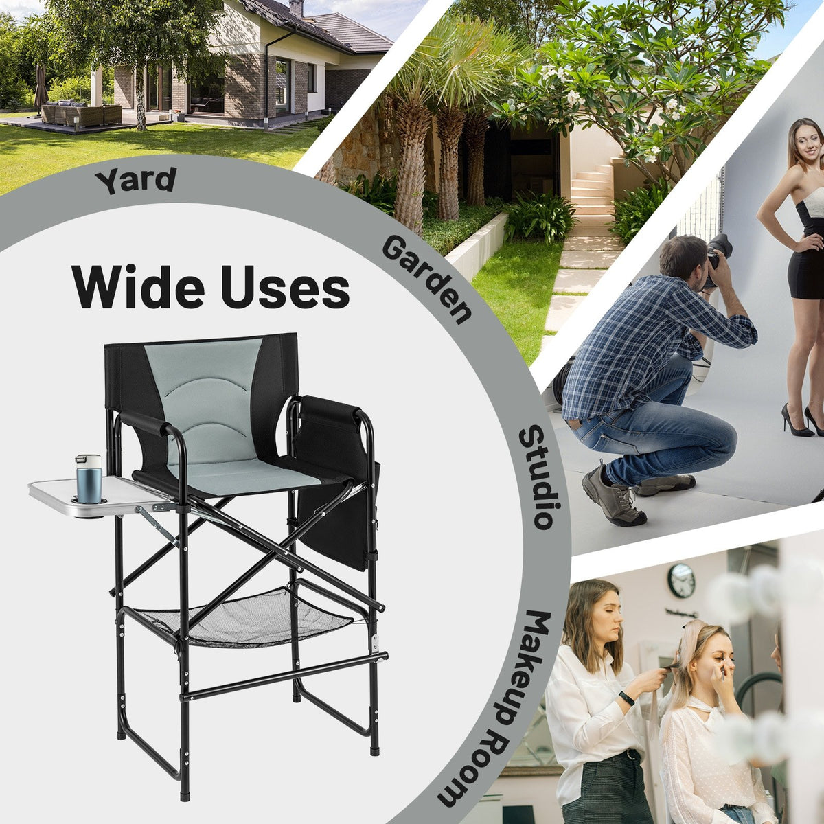 46 Inches Tall Directors Chair with Foldable Side Table and Footrest-Gray view 8