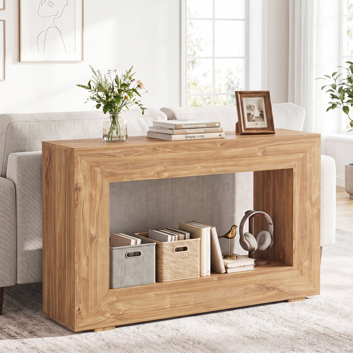 47 inches 2-Tier Farmhouse Console Table with Open Storage Shelf for Living Room-Natural view 2