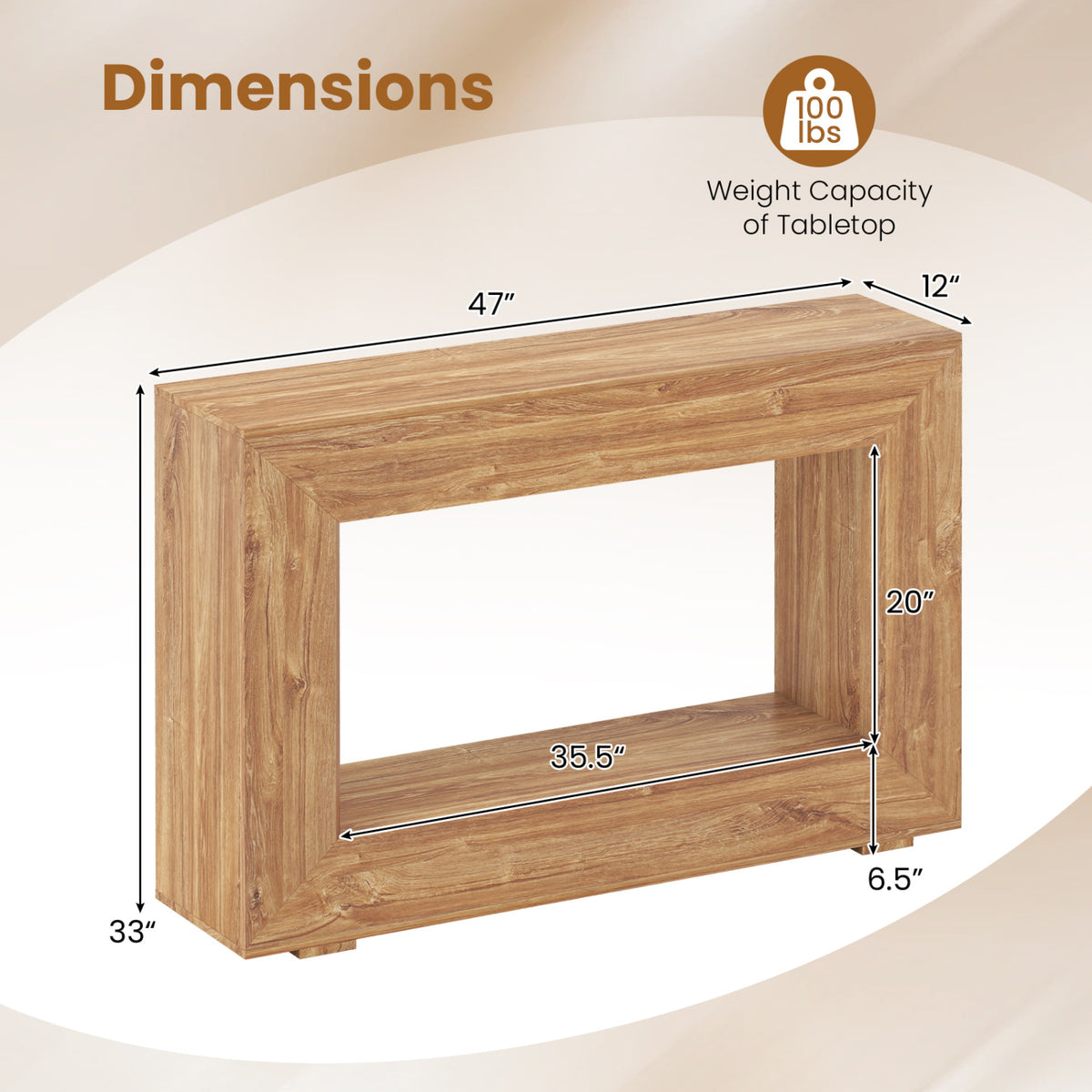 47 inches 2-Tier Farmhouse Console Table with Open Storage Shelf for Living Room-Natural view 5
