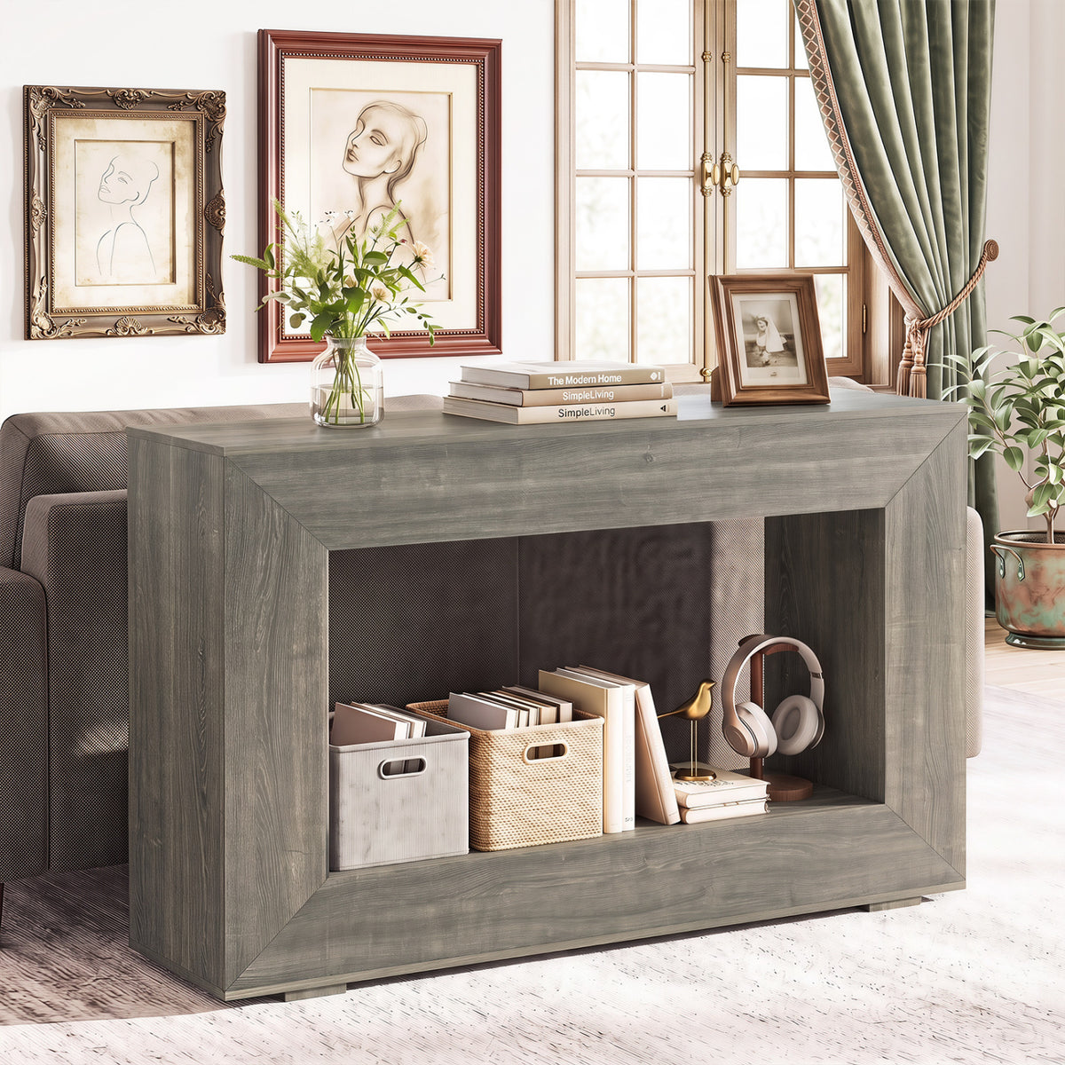47 inches 2-Tier Farmhouse Console Table with Open Storage Shelf for Living Room-Oak view 2