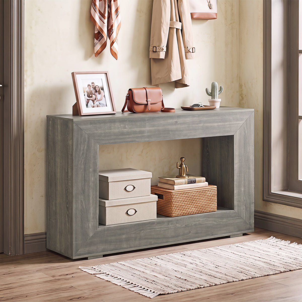 47 inches 2-Tier Farmhouse Console Table with Open Storage Shelf for Living Room-Oak view 3