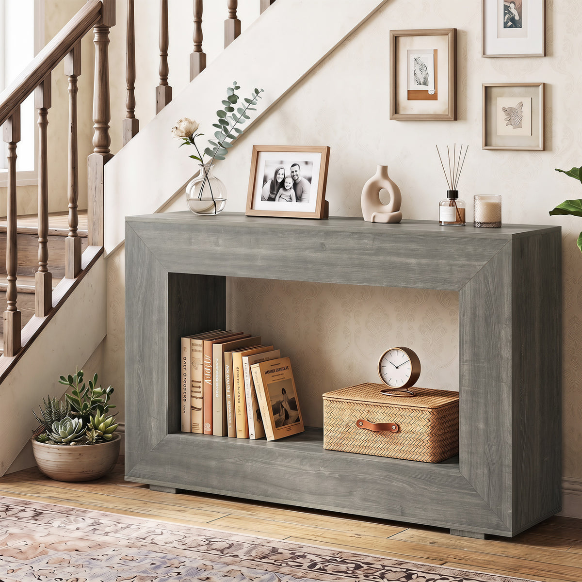 47 inches 2-Tier Farmhouse Console Table with Open Storage Shelf for Living Room-Oak view 6