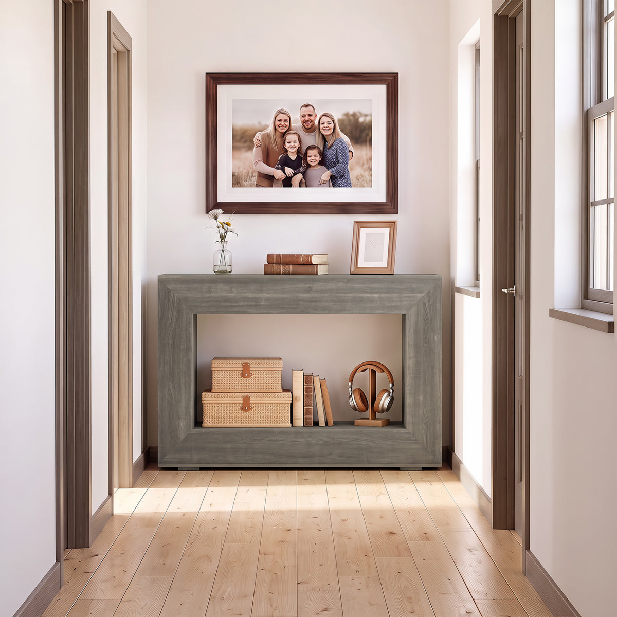 47 inches 2-Tier Farmhouse Console Table with Open Storage Shelf for Living Room-Oak view 7