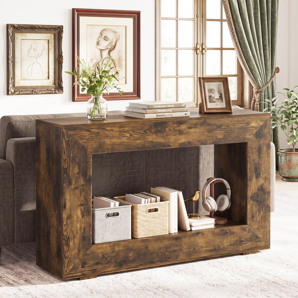 47 inches 2-Tier Farmhouse Console Table with Open Storage Shelf for Living Room-Rustic Brown view 3