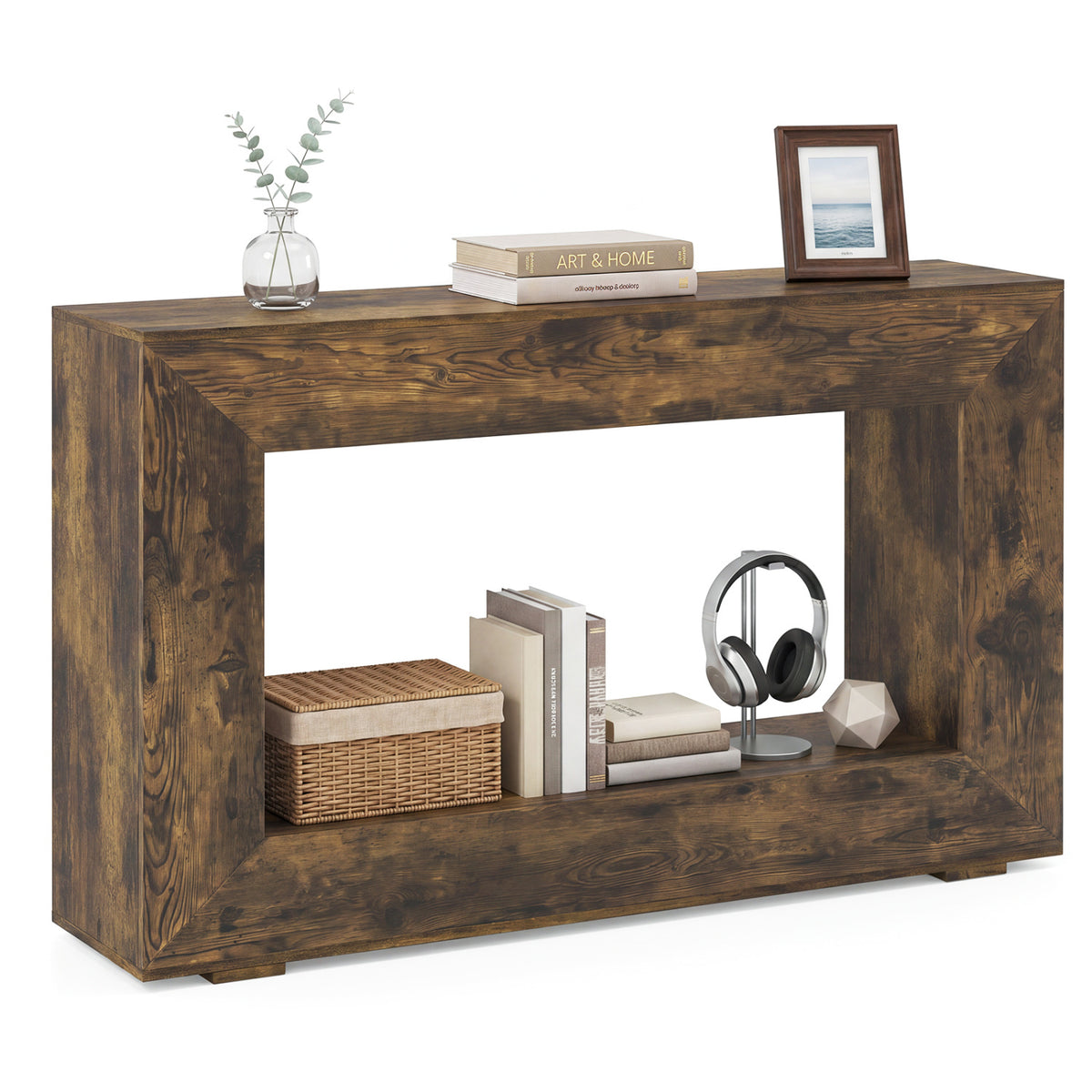 47 inches 2-Tier Farmhouse Console Table with Open Storage Shelf for Living Room-Rustic Brown view 4