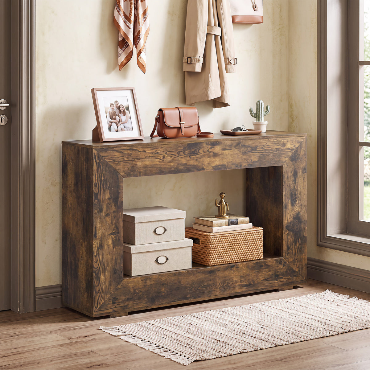 47 inches 2-Tier Farmhouse Console Table with Open Storage Shelf for Living Room-Rustic Brown view 6