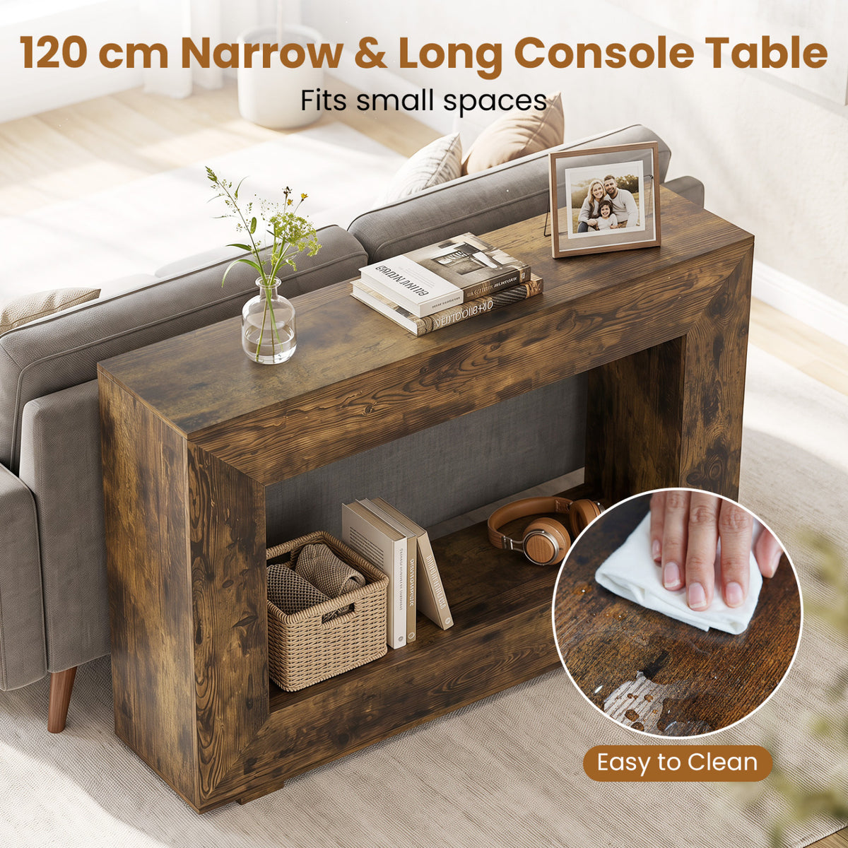 47 inches 2-Tier Farmhouse Console Table with Open Storage Shelf for Living Room-Rustic Brown view 8