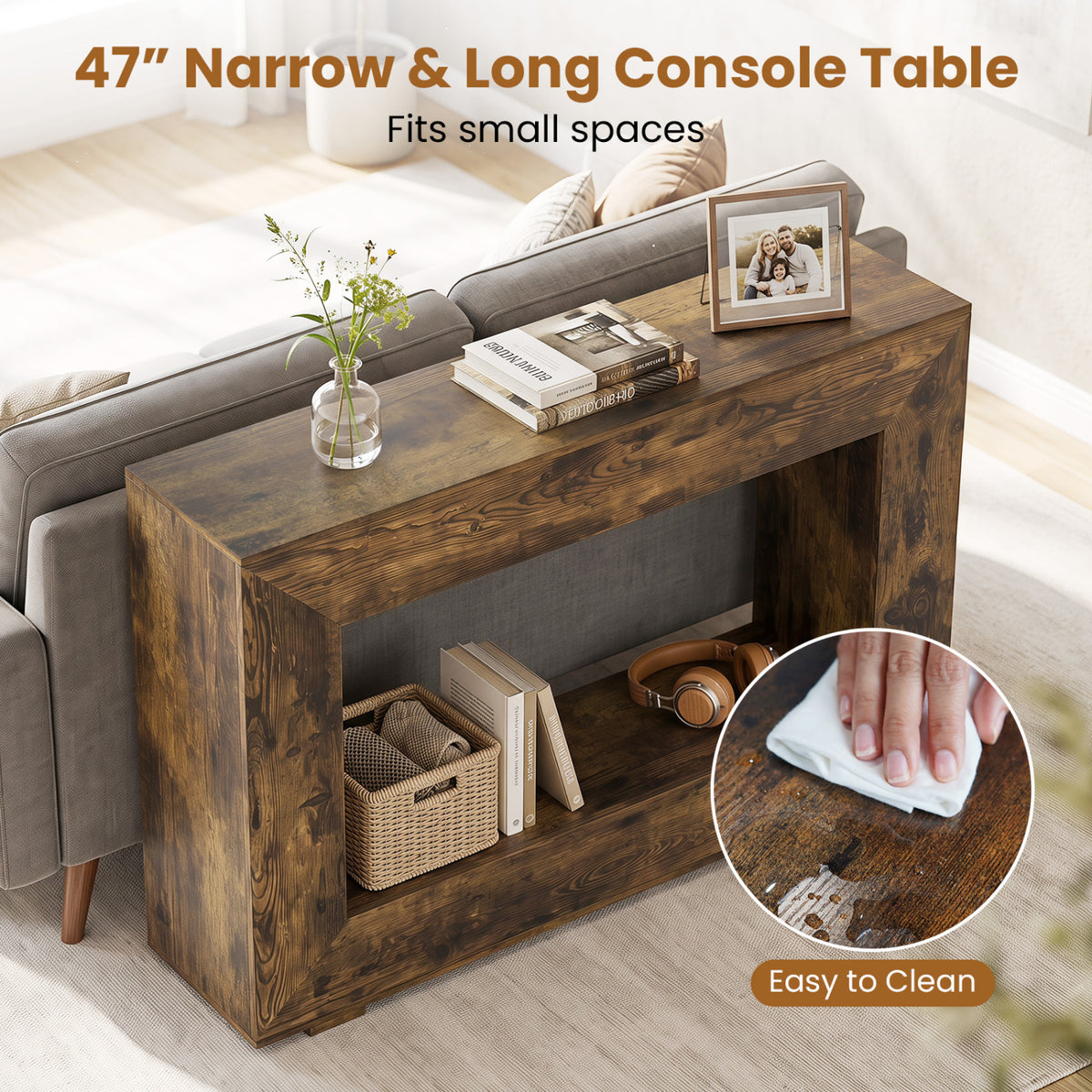 47 inches 2-Tier Farmhouse Console Table with Open Storage Shelf for Living Room-Rustic Brown view 9
