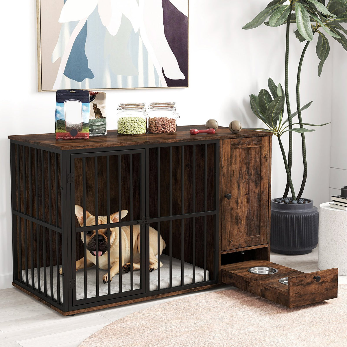 47.5 inch Dog Crate Furniture with Hidden Pull-out Bowls in Drawer for Small and Medium Dogs-Rustic Brown view 2