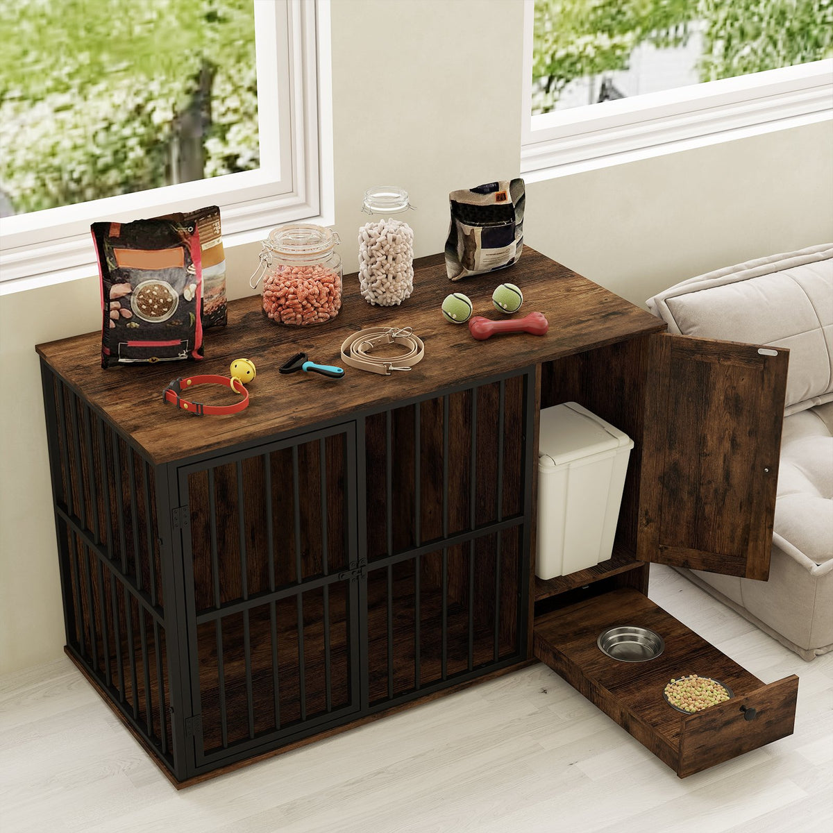 47.5 inch Dog Crate Furniture with Hidden Pull-out Bowls in Drawer for Small and Medium Dogs-Rustic Brown view 3