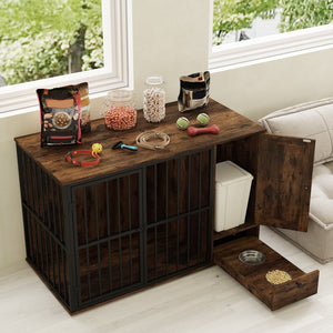 47.5 inch Dog Crate Furniture with Hidden Pull-out Bowls in Drawer for Small and Medium Dogs-Rustic Brown view 3