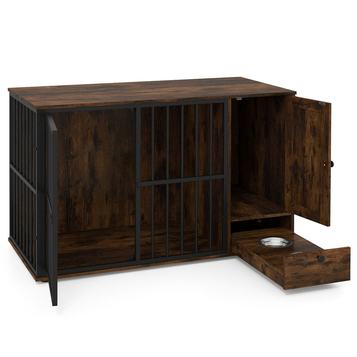 47.5 inch Dog Crate Furniture with Hidden Pull-out Bowls in Drawer for Small and Medium Dogs-Rustic Brown view 4