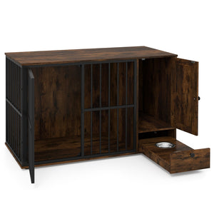 47.5 inch Dog Crate Furniture with Hidden Pull-out Bowls in Drawer for Small and Medium Dogs-Rustic Brown view 4