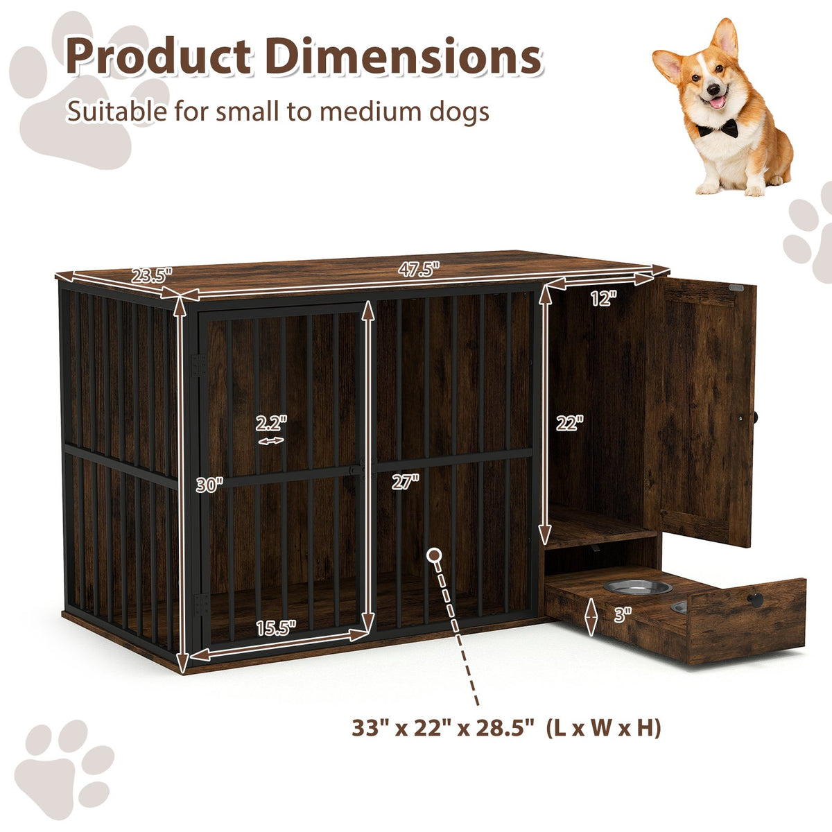 47.5 inch Dog Crate Furniture with Hidden Pull-out Bowls in Drawer for Small and Medium Dogs-Rustic Brown view 5