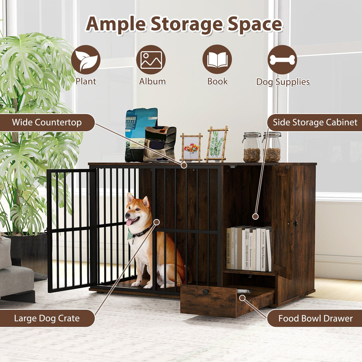 47.5 inch Dog Crate Furniture with Hidden Pull-out Bowls in Drawer for Small and Medium Dogs-Rustic Brown view 6