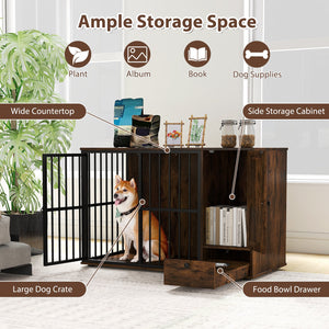 47.5 inch Dog Crate Furniture with Hidden Pull-out Bowls in Drawer for Small and Medium Dogs-Rustic Brown view 6