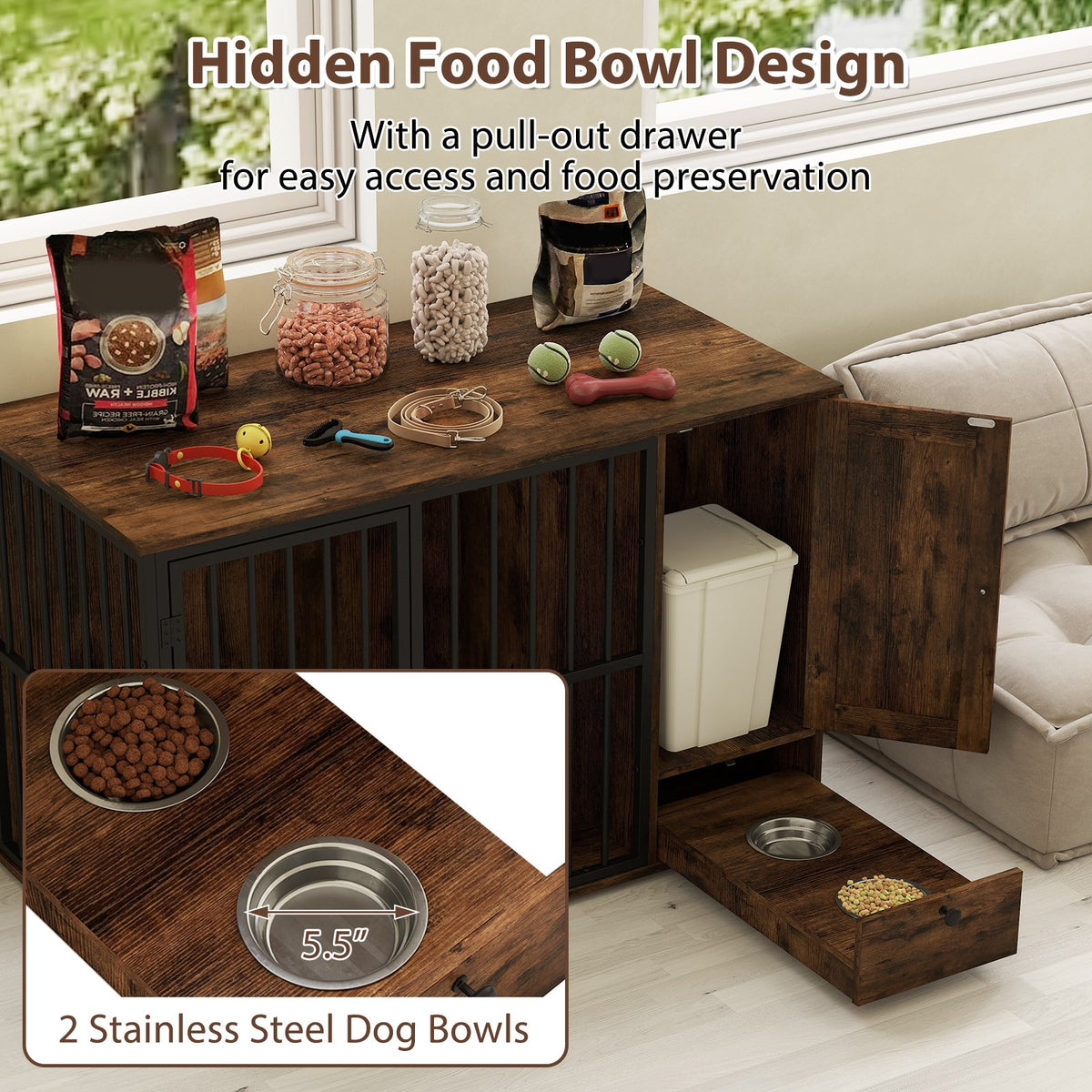 47.5 inch Dog Crate Furniture with Hidden Pull-out Bowls in Drawer for Small and Medium Dogs-Rustic Brown view 8