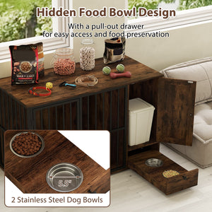 47.5 inch Dog Crate Furniture with Hidden Pull-out Bowls in Drawer for Small and Medium Dogs-Rustic Brown view 8